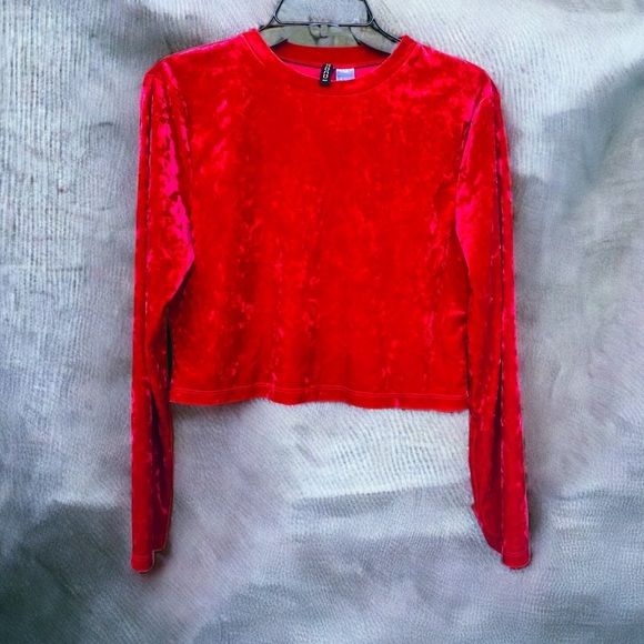 H & M Divided Cropped Crushed Red Velvet Long Sleeve Mock Neck Shirt | Size Lg - Picture 1 of 7